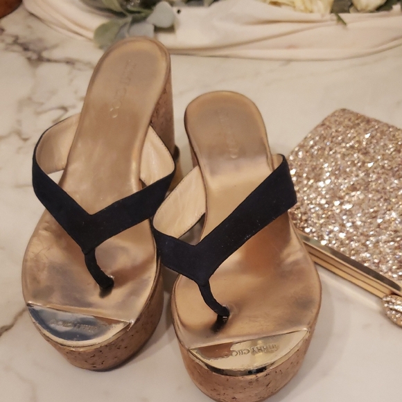 Jimmy Choo Black and Gold Wedge Sandals - Picture 3 of 8